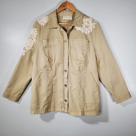 Chico's Lace Applique Utility Jacket Khaki White Size 2 Petite - Picture 13 of 16